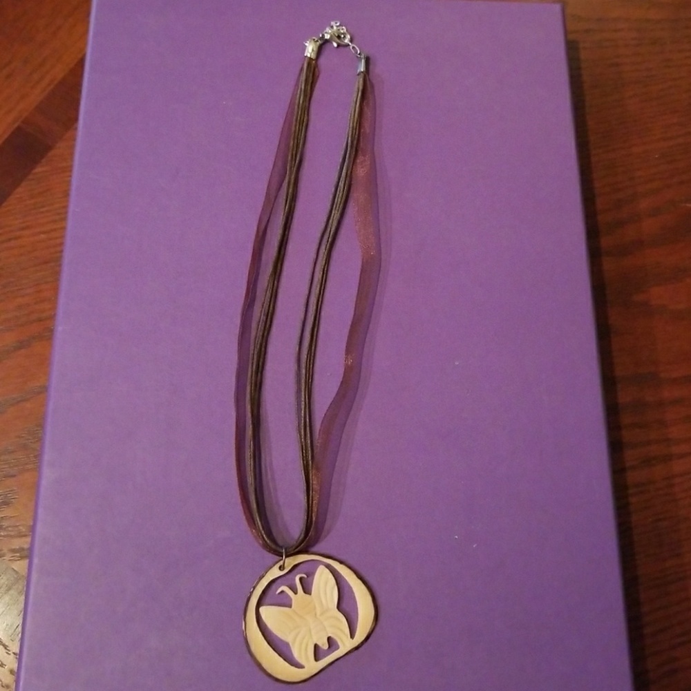 Tagua nut hand carved butterfly ribbon necklace